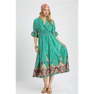 Umgee Printed‎ Smocked Waist Flounce Sleeve Midi Dress